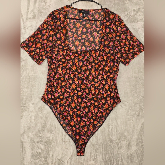 Forever 21 Tops - Forever 21 Black Floral Bodysuit with Orange and Pink Accents